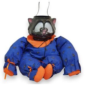 Vintage Blow Mold Black Cat Halloween Trick or Treat Bucket Pail Plush 21''